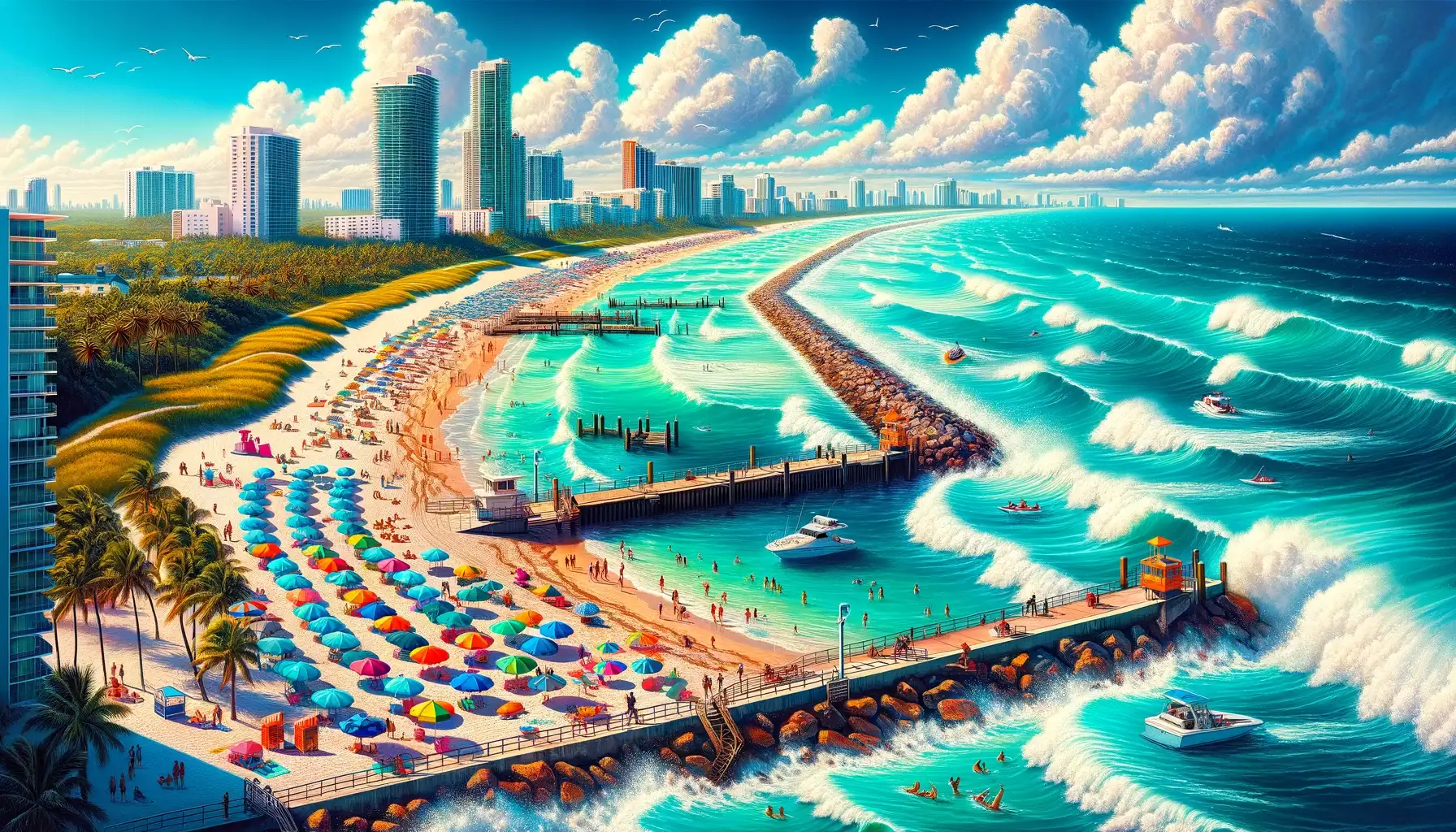 Scenic view of Haulover Inlet in Miami with clear blue waters, boats, and sandy beach, against a backdrop of Miami's skyline"