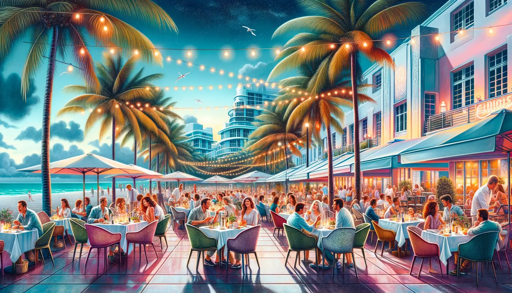 Lively outdoor dining in Miami Beach with patrons enjoying culinary delights in a vibrant, sun-drenched setting by the sea.