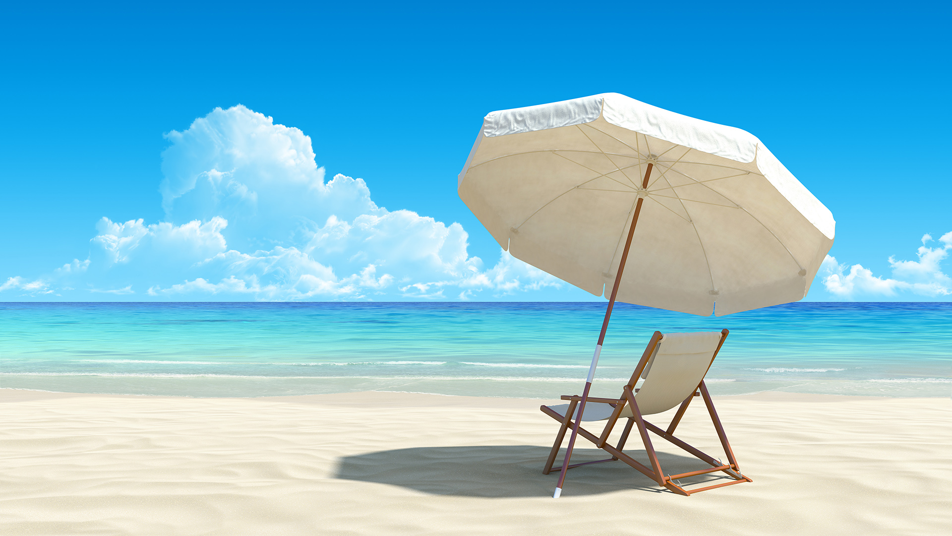 White sand beach with blue sky, umbrella, and beach chair in pastel colors